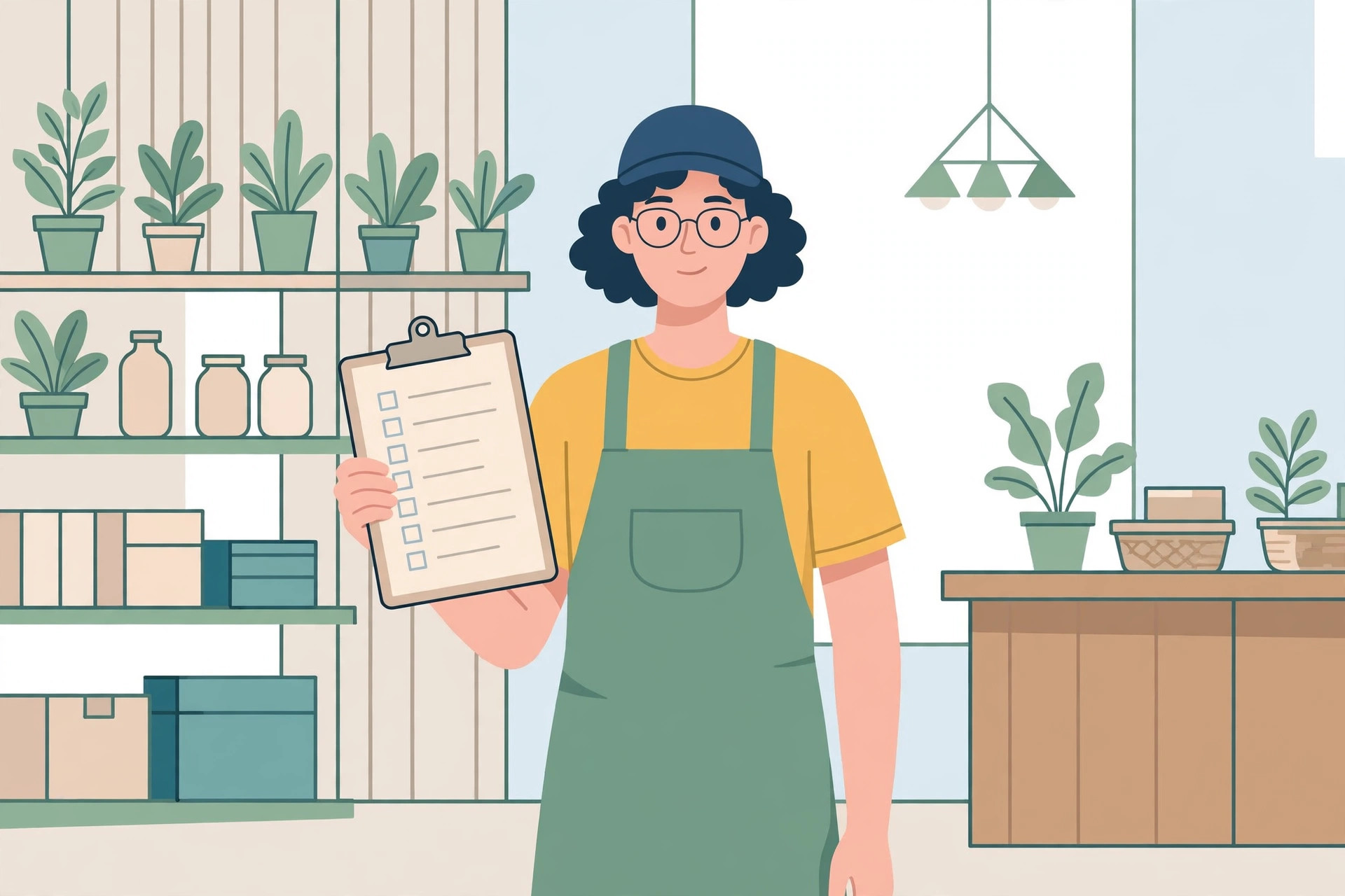 Flat illustration of a young worker in an apron holding a clipboard checklist in a shop