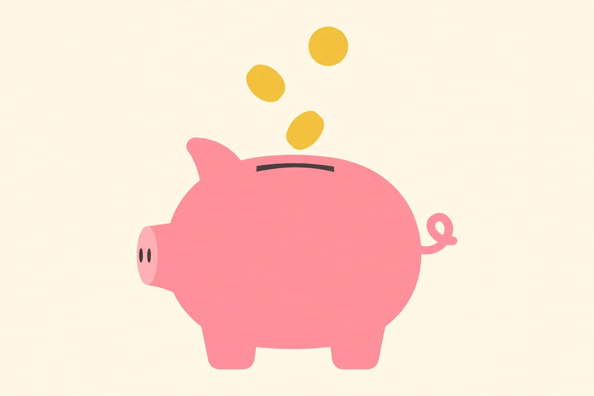 Flat illustration of a pink piggy bank with gold coins dropping into the slot