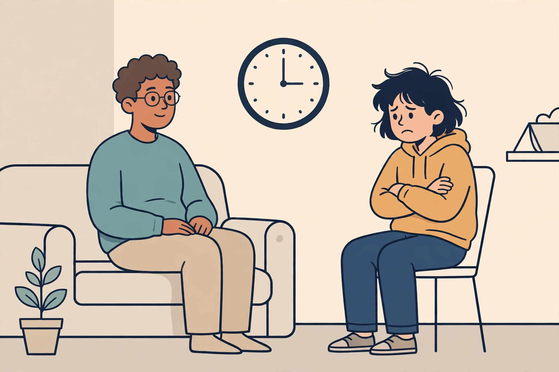 Flat illustration of a calm parent sitting across from an upset teenager with crossed arms